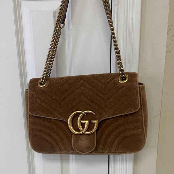 Gucci Handbags - Gucci Tan Double G Marmont Medium Velvet Shoulder Bag